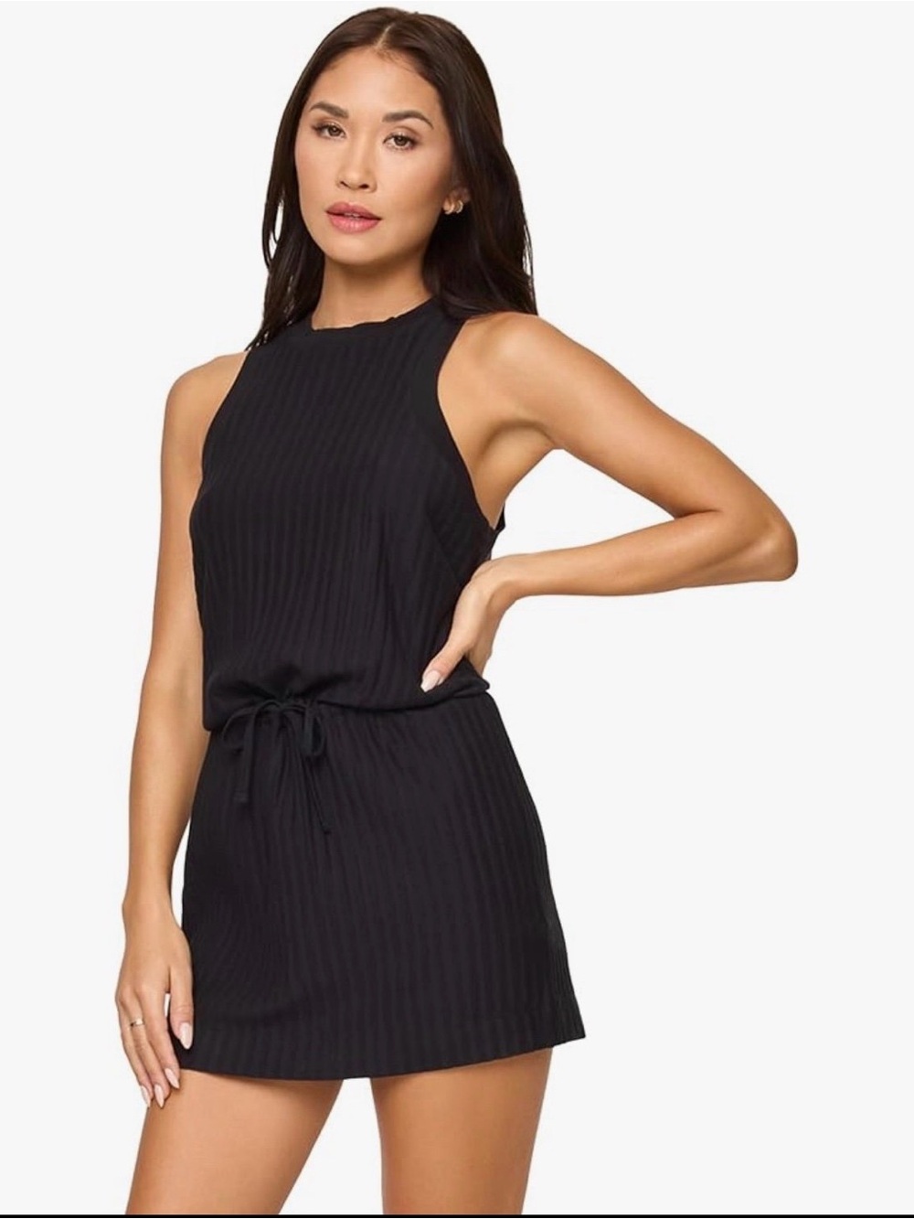 L-Space Sleeveless Black Ribbed Tie-Waist Mini Dress
